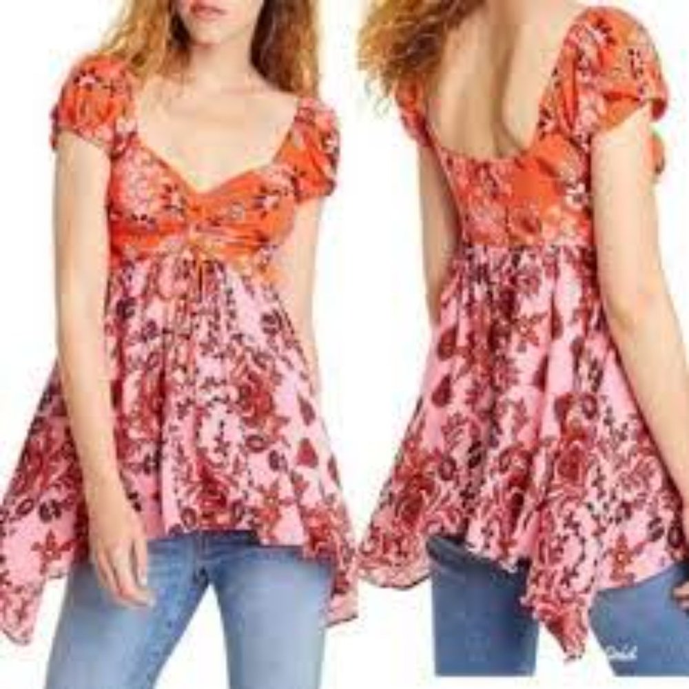 Free People La Bamba Babydoll Printed Top Hawaiian Sunset Pink Orange